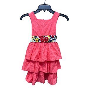 Llum Coral Pink Ruffled Tiered Dress With Floral Sash Bow Size 5 Kids Cotton Sle